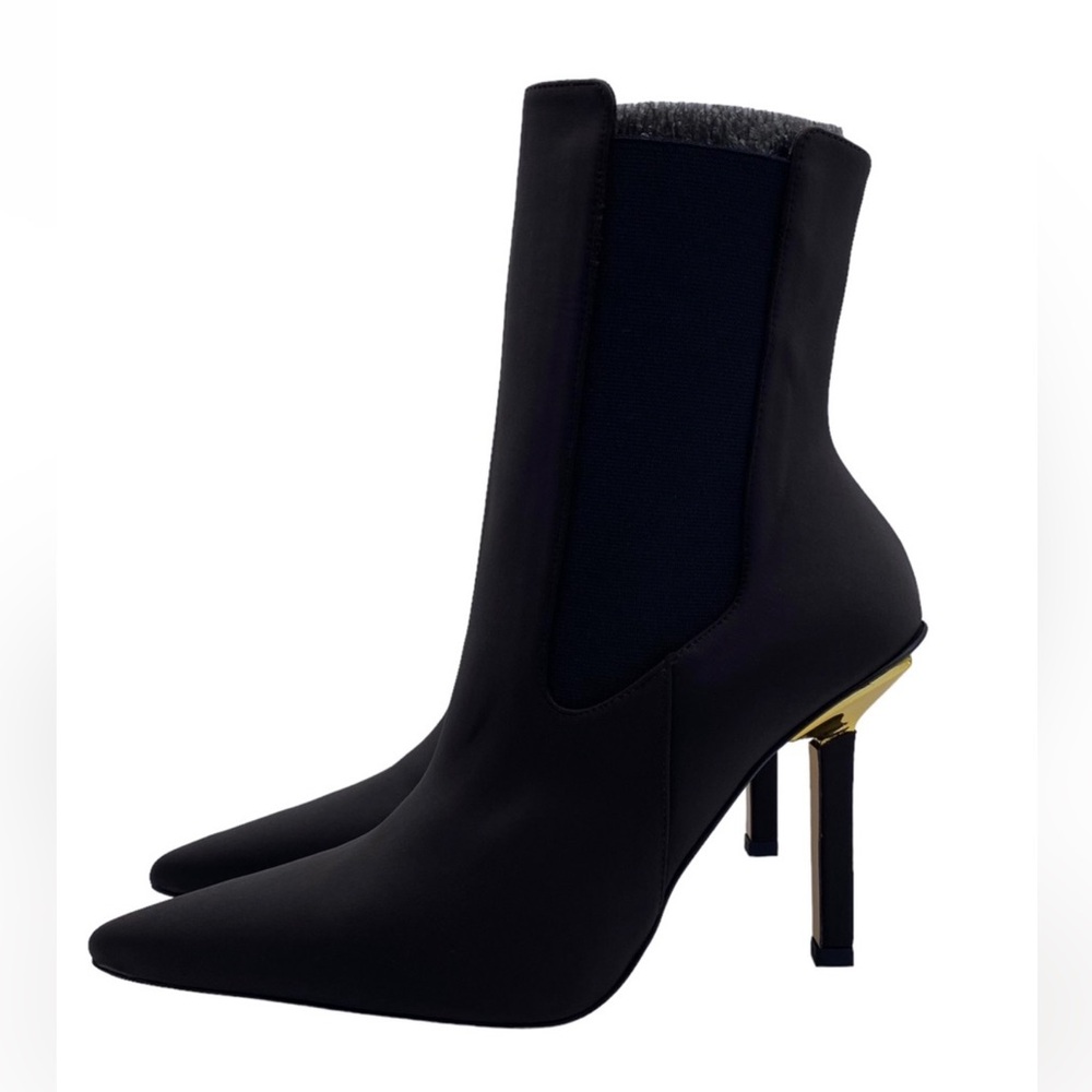 Good American Black Pointed Toe Stiletto Ankle Boots with Gold Heel Accent